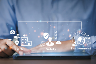 Close up of project mobile device with words health, safety and environment